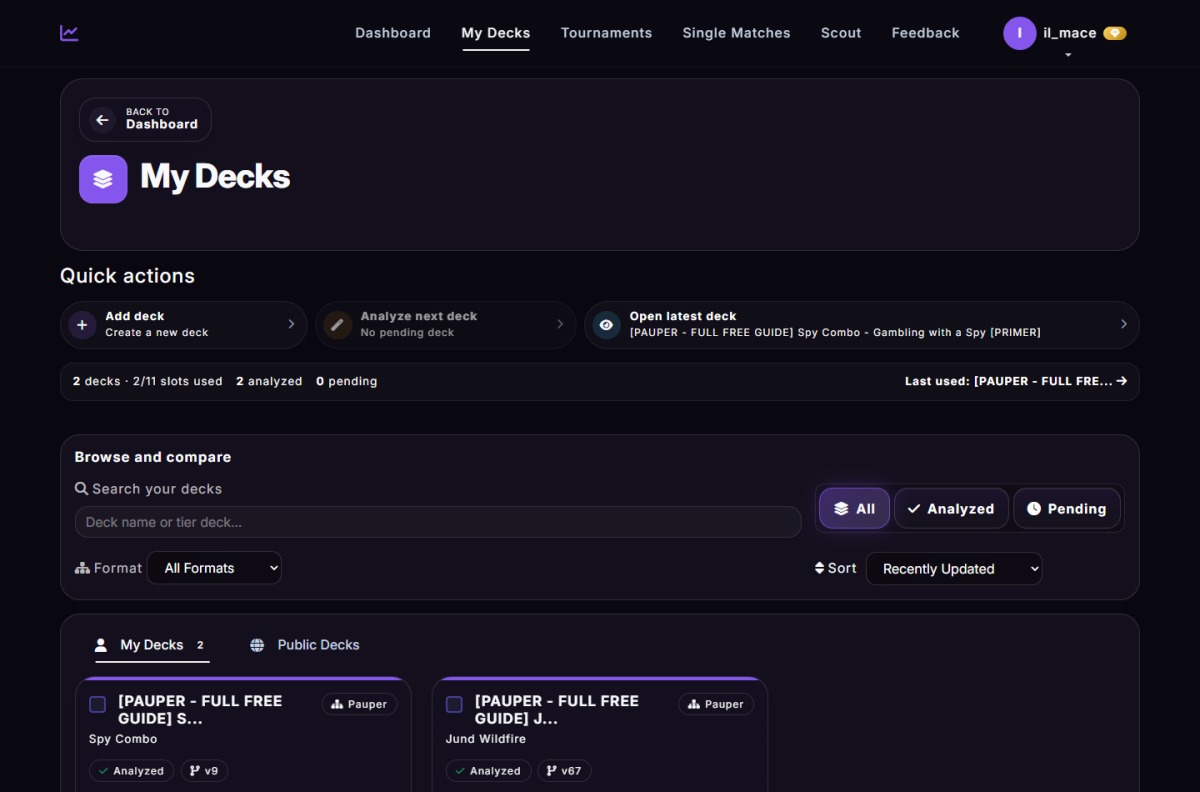 A real My Decks page with tracked decklists