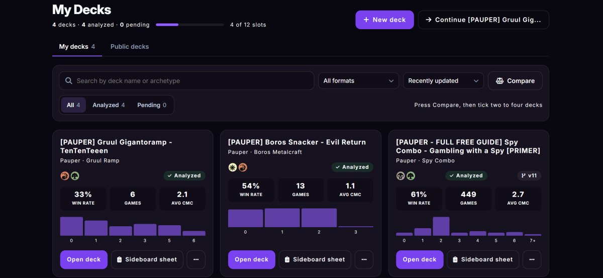 The My Decks page