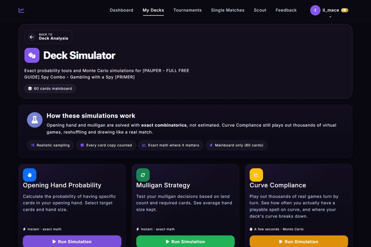 The Deck Simulator page with Opening Hand, Mulligan, and Curve Compliance tools